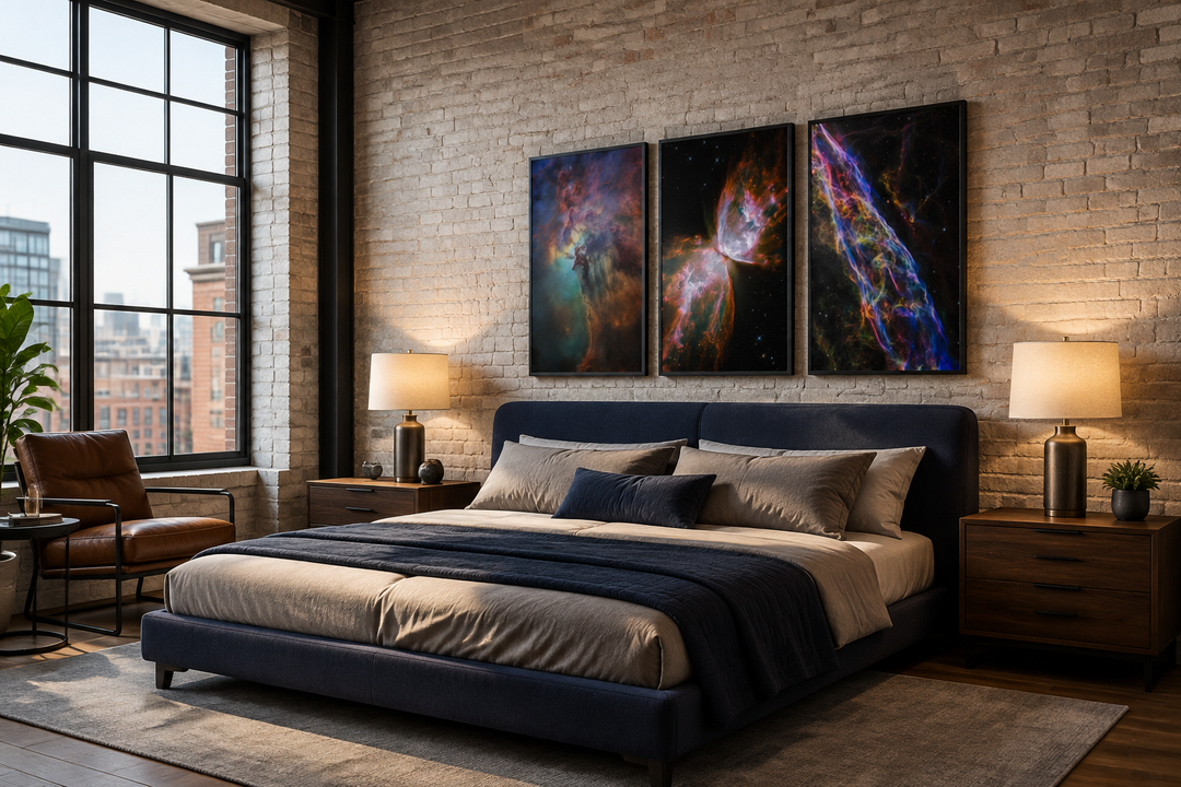 Set of 3 framed nebula wall art prints featuring Hubble Telescope photographs above a bed.