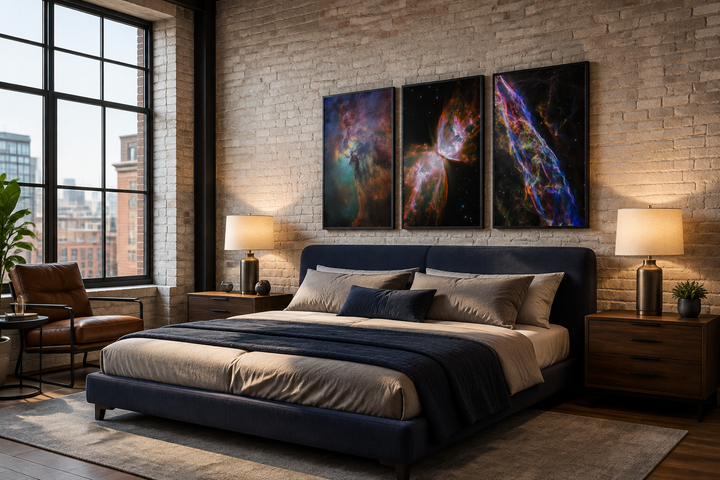 Set of 3 framed nebula wall art prints featuring Hubble Telescope photographs above a bed.