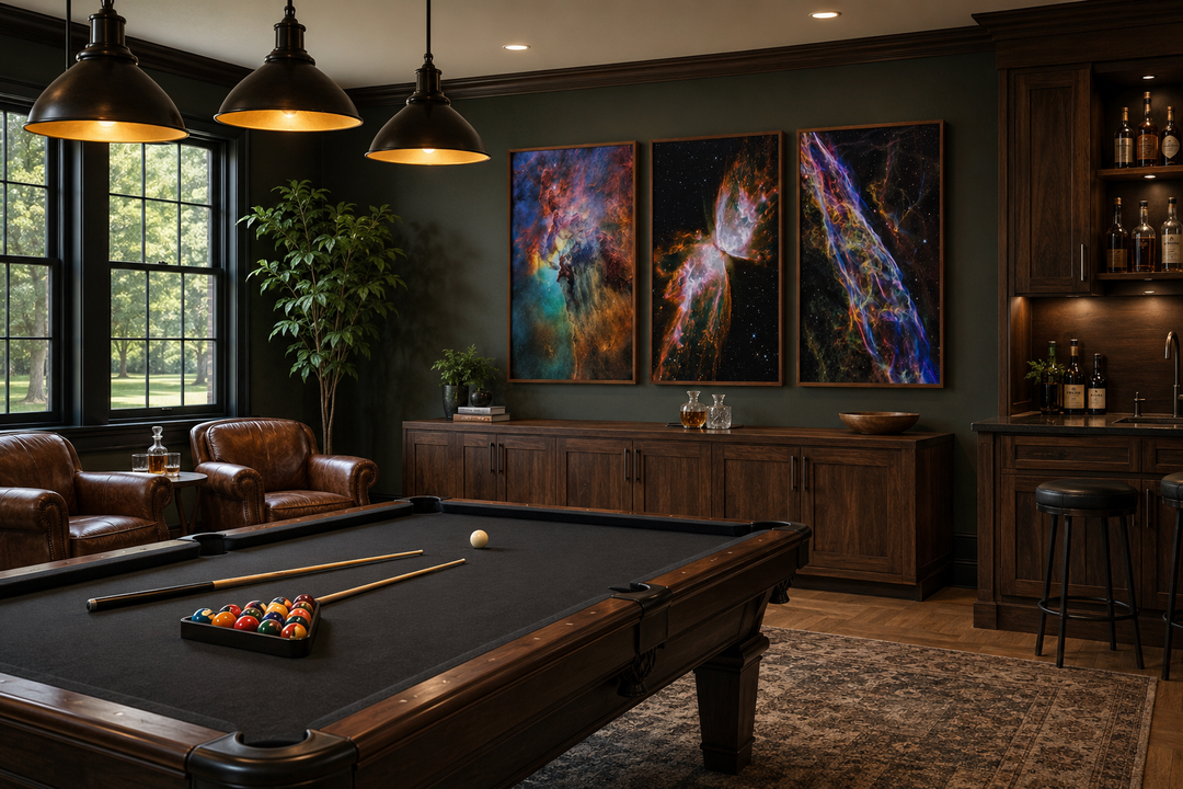 Set of 3 Hubble Telescope nebula canvas prints displayed in a dark-toned game room above a cabinet.