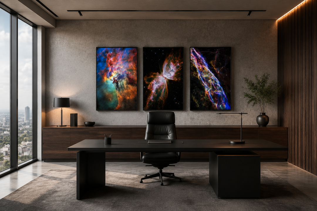 Set of 3 framed space nebula wall art prints featuring Hubble Telescope galaxy photographs.