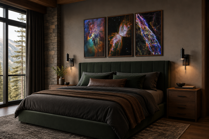 Set of 3 framed space nebula wall art prints featuring the Lagoon, Butterfly, and Veil nebulae.