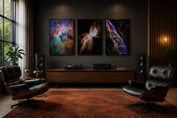 Set of 3 framed Hubble Telescope photographs of the Lagoon, Butterfly, and Veil nebulae on a wall.