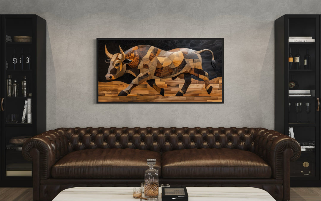 Spanish Bull Painting In Wood Style Extra Large Framed Canvas Wall Art