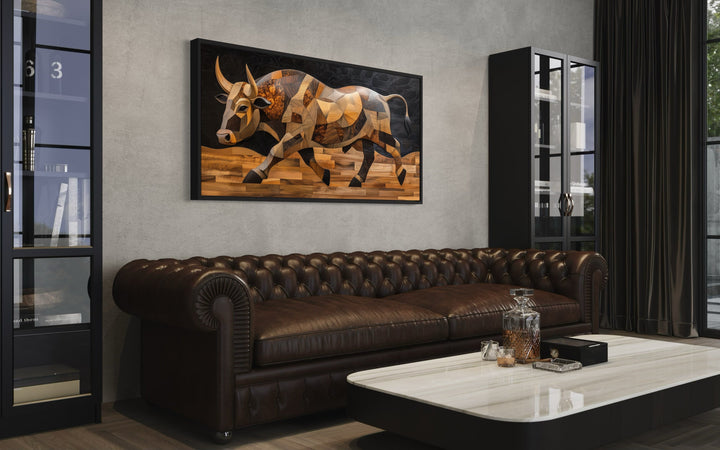 Spanish Bull Painting In Wood Style Extra Large Framed Canvas Wall Art