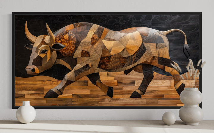 Spanish Bull Painting In Wood Style Extra Large Framed Canvas Wall Art