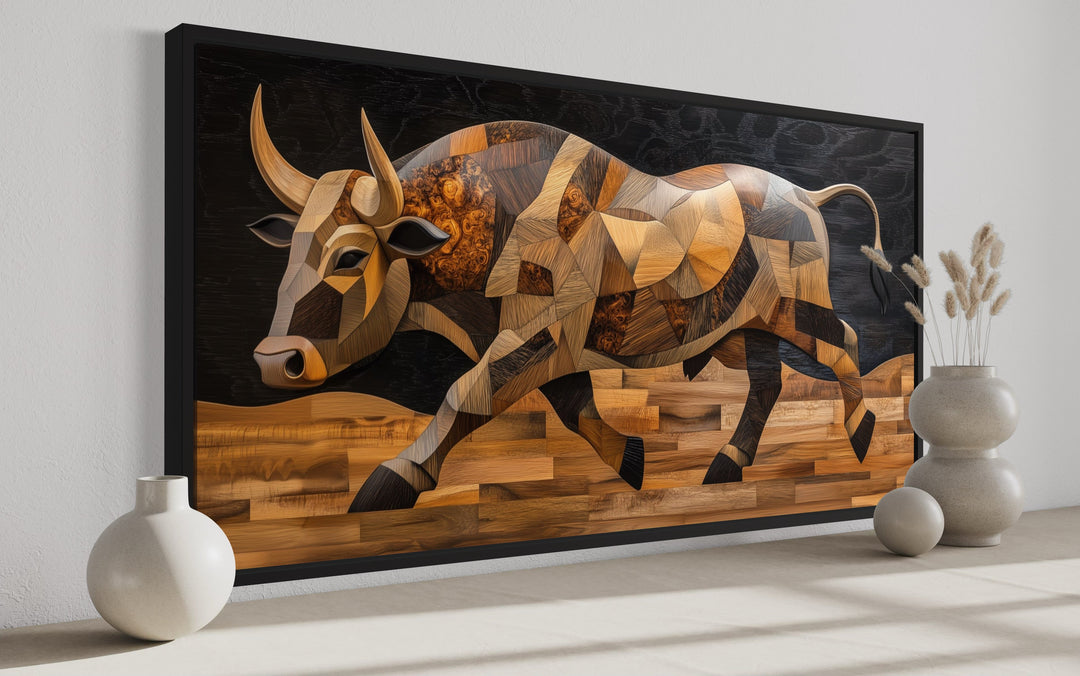 Spanish Bull Painting In Wood Style Extra Large Framed Canvas Wall Art