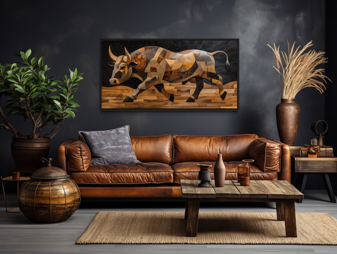 Spanish Bull Painting In Wood Style Extra Large Framed Canvas Wall Art