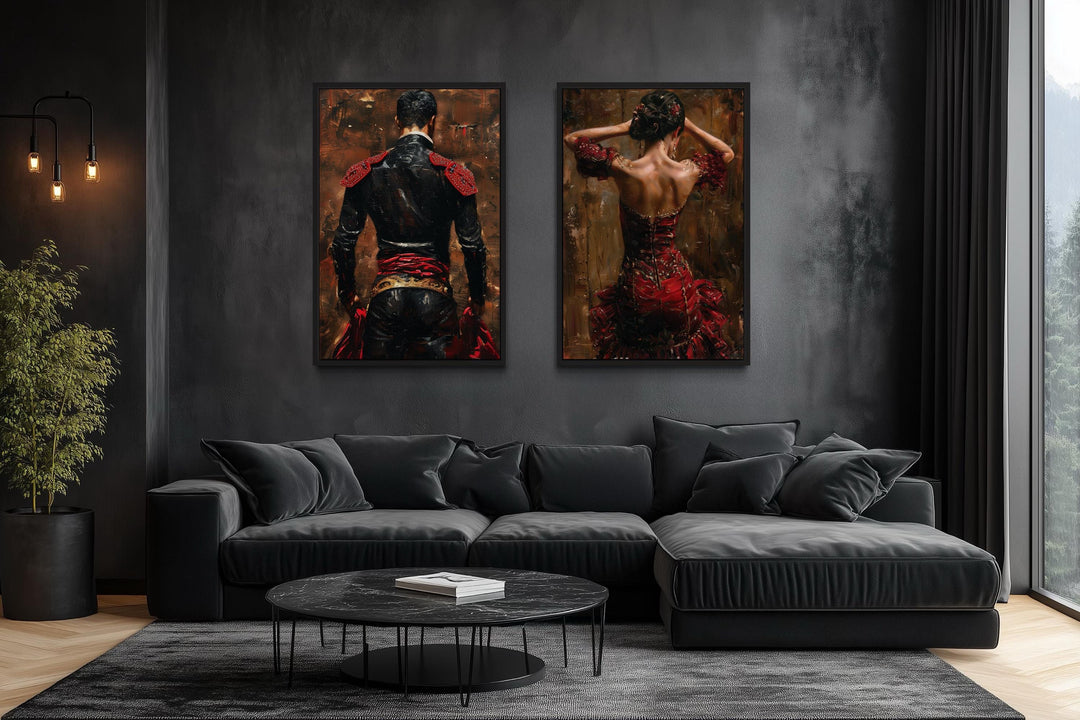 Set of 2 canvas prints featuring a matador and a flamenco dancer in red on a dark living room wall.