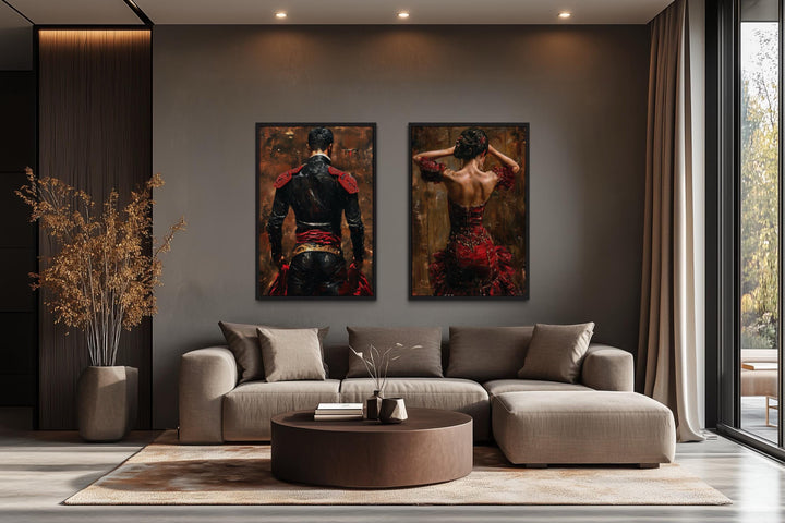 Set of 2 canvas prints featuring a flamenco dancer and a matador in a modern living room setting.