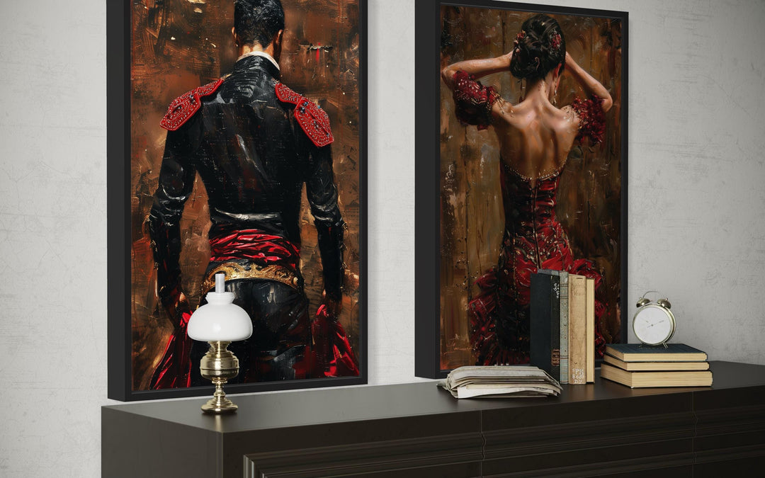 Set of 2 canvas prints featuring a matador and a flamenco dancer in red and black attire.