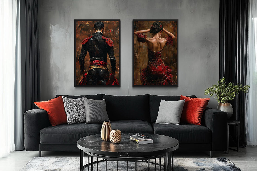 Set of 2 canvas prints featuring a matador and a flamenco dancer in red and black above a sofa.