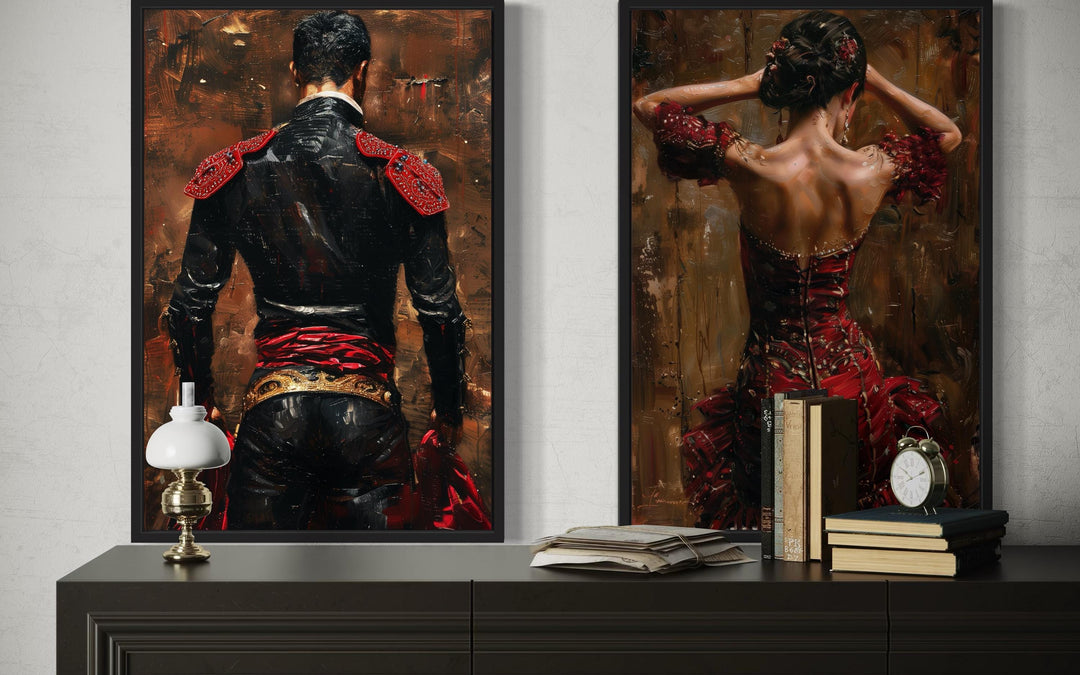 Set of 2 canvas prints featuring a matador and a flamenco dancer in traditional red and black attire.
