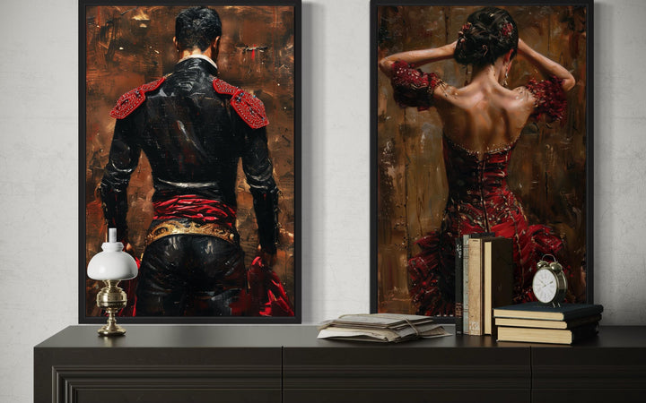 Set of 2 canvas prints featuring a matador and a flamenco dancer in traditional red and black attire.