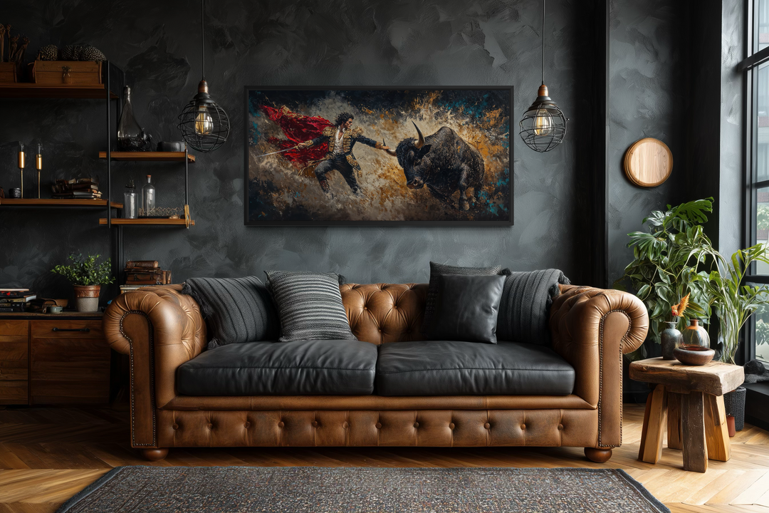 Spanish matador and bull canvas wall art in a dark, modern living room setting.