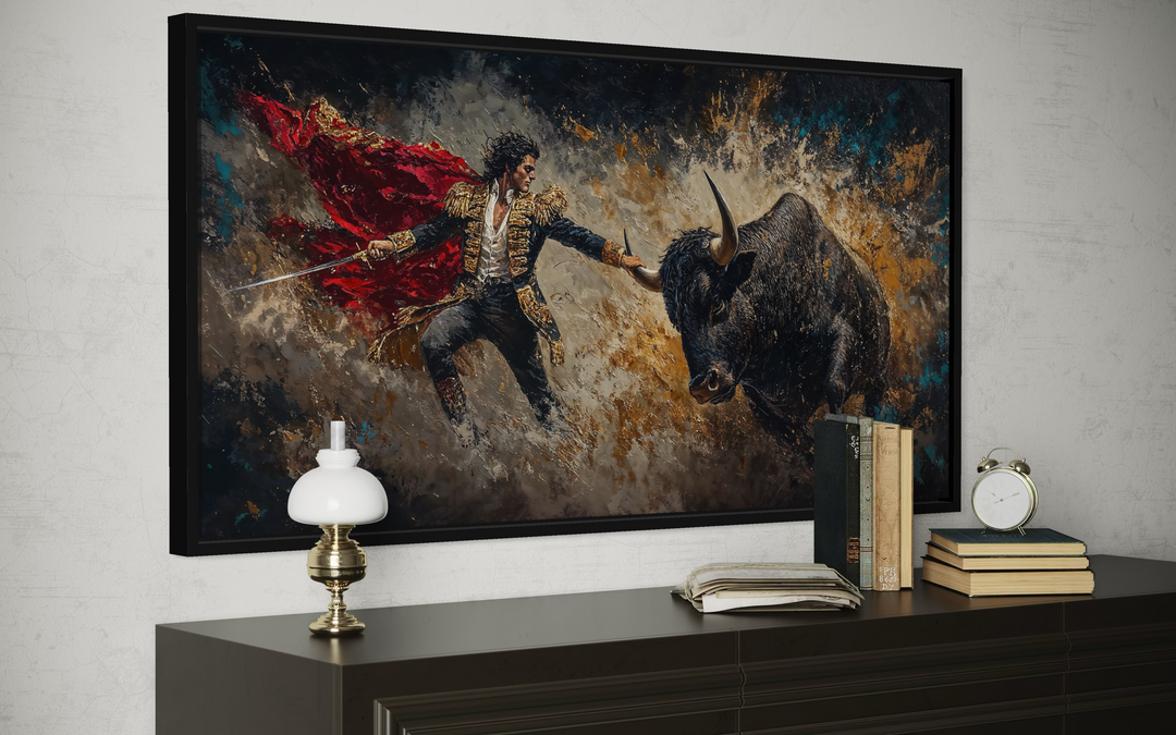 Spanish matador fighting a bull canvas wall art displayed above a dark wood dresser.