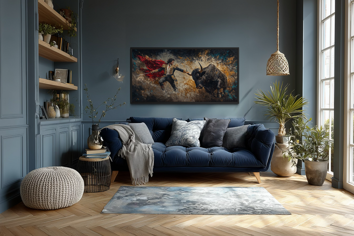 Spanish matador fighting a bull canvas wall art displayed in a modern living room.