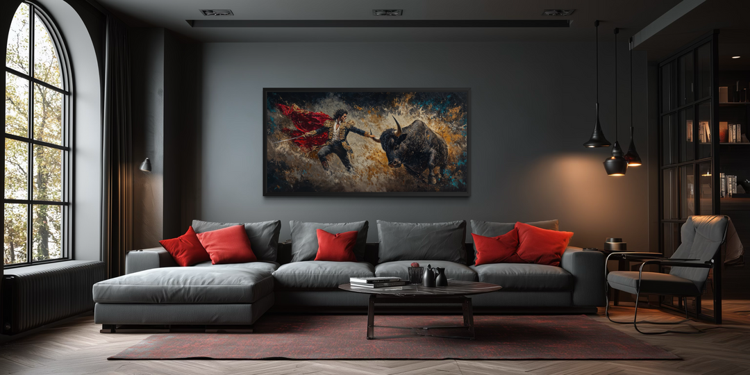 Spanish matador fighting bull canvas wall art displayed in a modern living room setting.