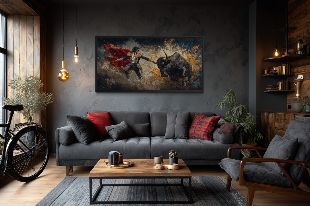 Spanish matador fighting bull canvas wall art displayed in a modern, dark-toned living room.