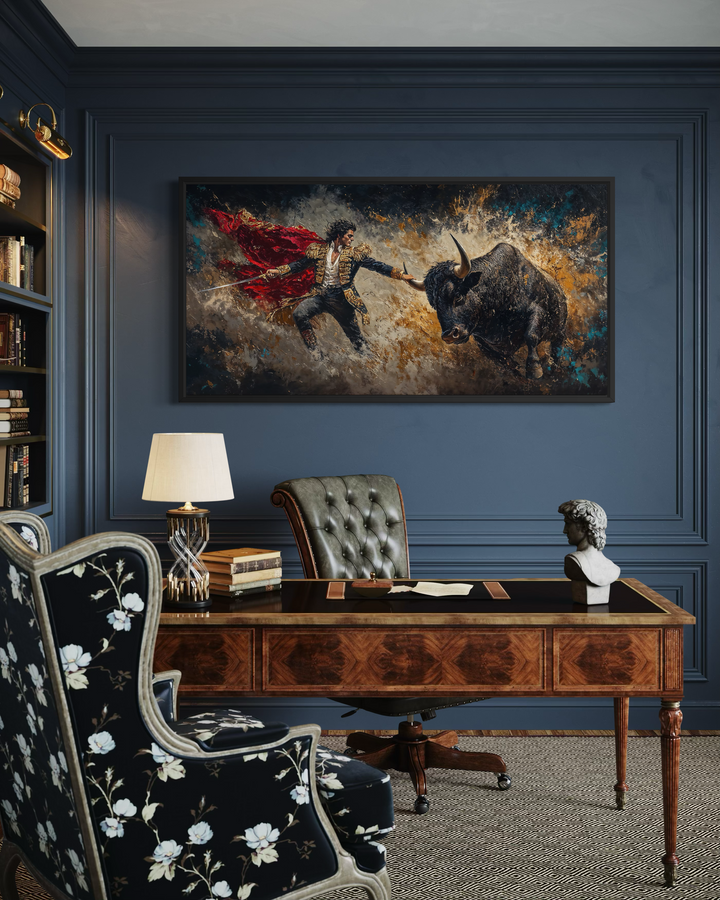 Spanish matador fighting a bull canvas wall art displayed in a sophisticated home office.