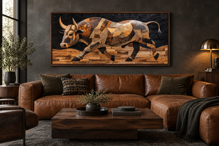 Extra large framed canvas wall art of a Spanish bull in a layered wood mosaic style.