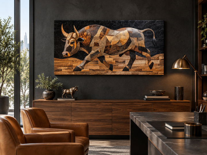 Extra large framed canvas wall art of a Spanish bull in a layered wood mosaic style.