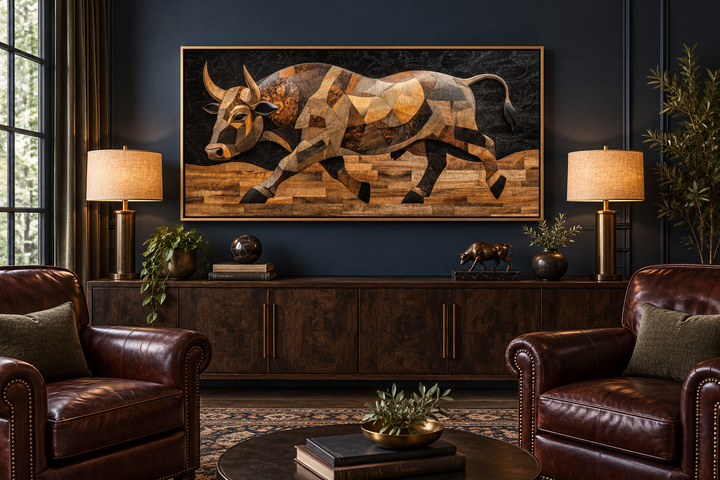 Extra large framed canvas wall art of a Spanish bull in a wood-layered style above a sideboard.