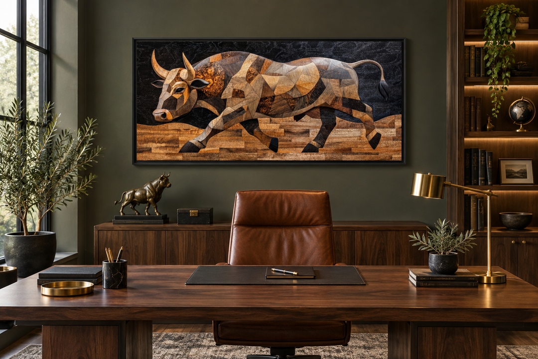Extra large framed canvas wall art of a Spanish bull in a layered wood mosaic style.