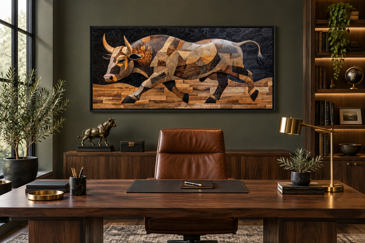 Extra large framed canvas wall art of a Spanish bull in a layered wood mosaic style.