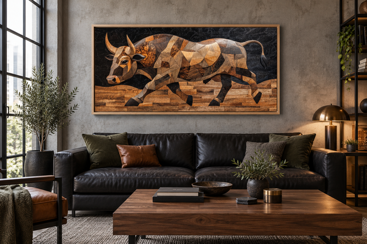 Extra large framed canvas wall art of a Spanish bull in a layered wood mosaic style.