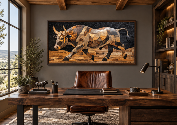 Extra large framed canvas wall art of a Spanish bull in a geometric wood-textured style.