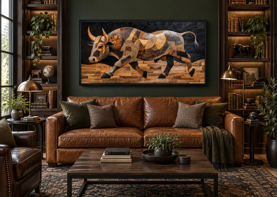 Extra large framed canvas wall art of a Spanish bull in a geometric wood-textured style.