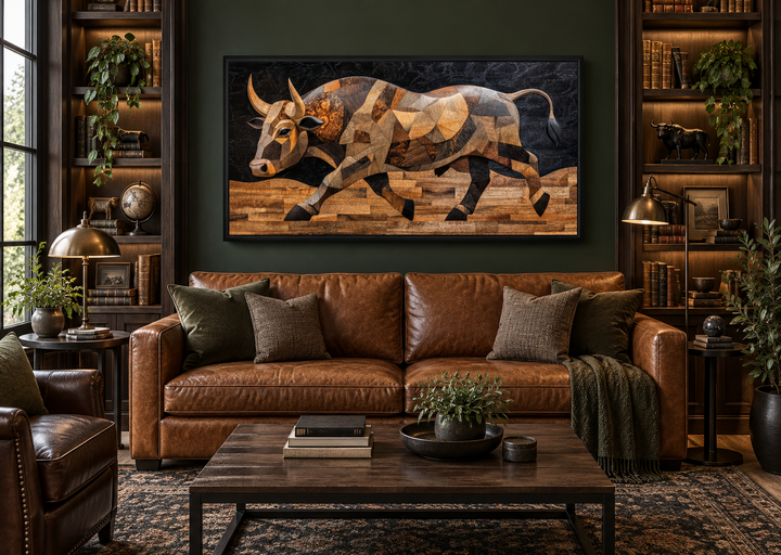 Extra large framed canvas wall art of a Spanish bull in a geometric wood-textured style.