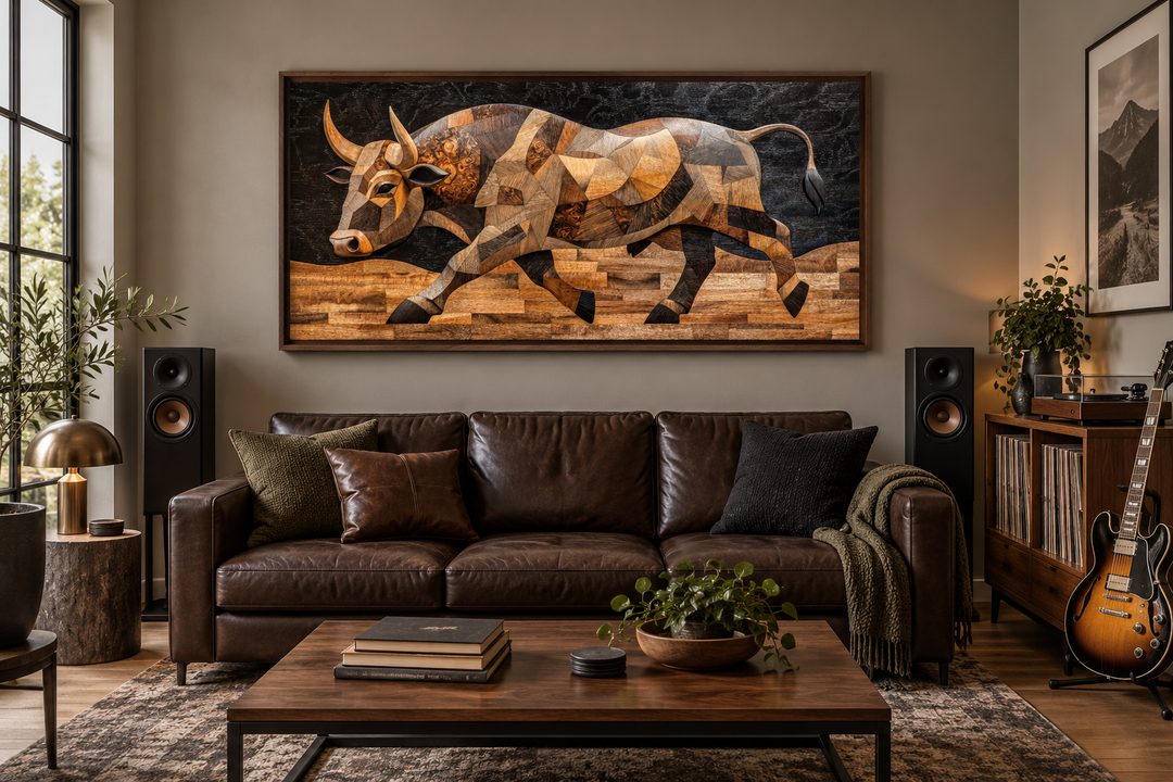 Extra large framed canvas wall art of a Spanish bull in a layered wood mosaic style.