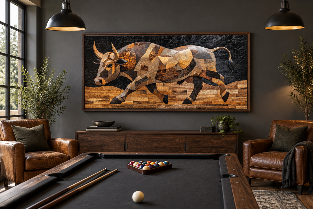 Extra large framed canvas wall art of a Spanish bull in a layered wood style above a pool table.