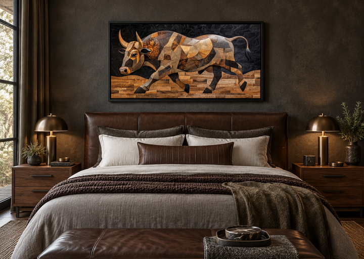 Extra large framed canvas wall art of a Spanish bull in a layered wood mosaic style above a bed.