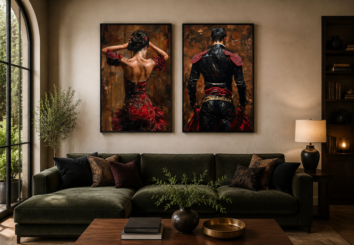 Décoration murale de danse espagnole, lot de 2 impressions sur toile représentant une danseuse de flamenco et un matador