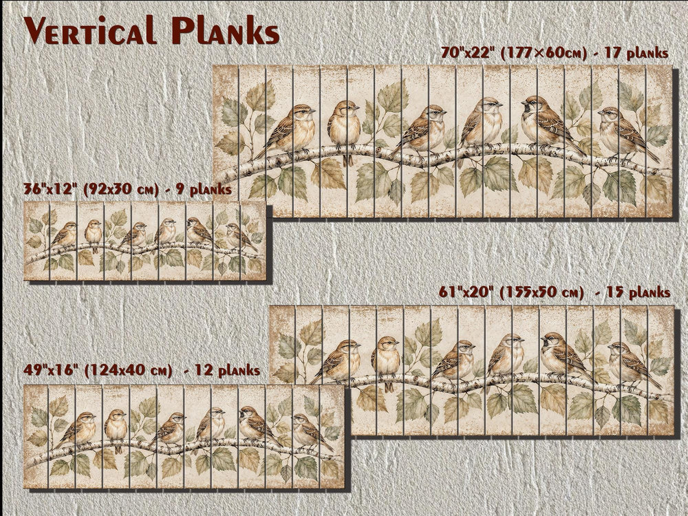Panoramic wood wall art featuring sparrows on a birch branch, available in four plank sizes.