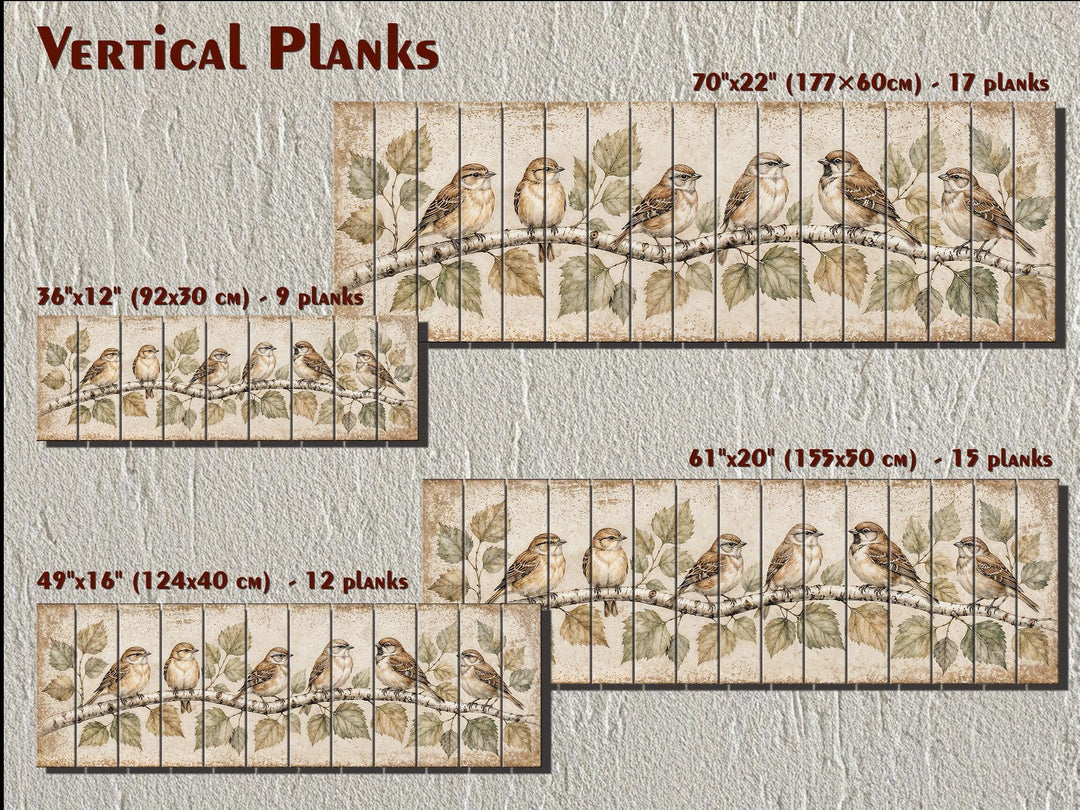 Panoramic wood wall art featuring sparrows on a birch branch, available in four plank sizes.