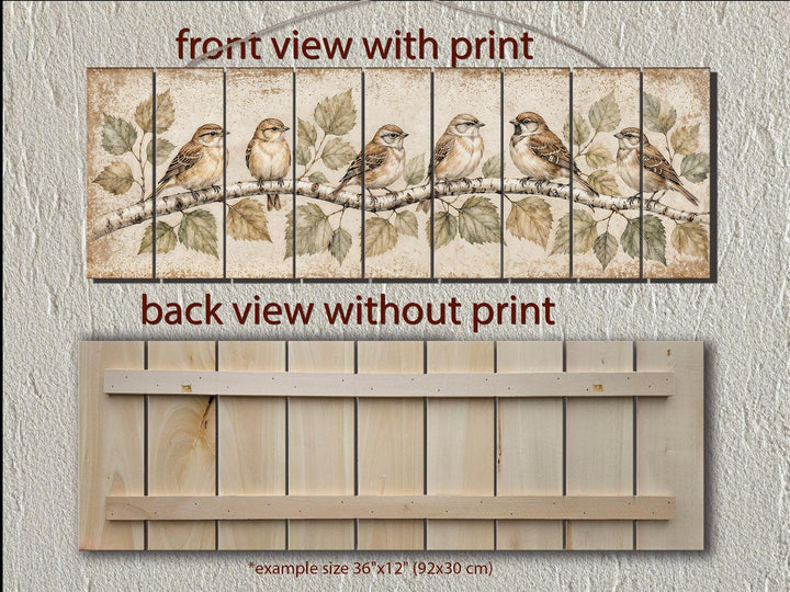 Sparrows on a birch branch printed on distressed wood planks, shown from front and back views.