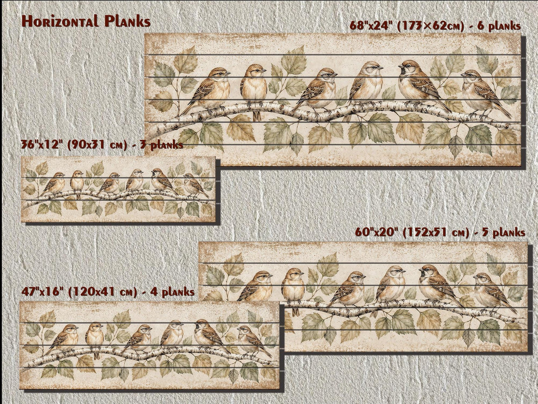 Rustic wood wall art featuring sparrows on a birch branch, available in four horizontal sizes.