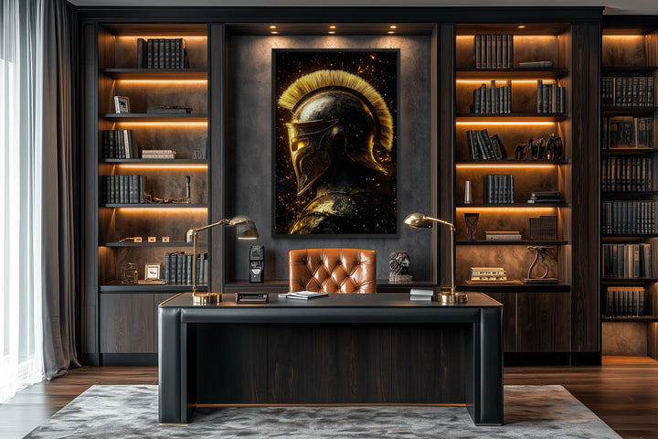 Spartan warrior helmet canvas print in dark gold and black, displayed in a modern home office.