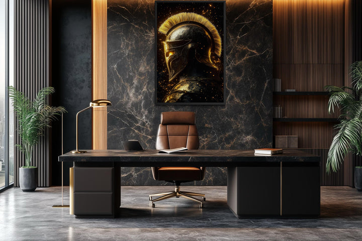 Spartan warrior helmet canvas print in dark gold and black, displayed in a modern office setting.