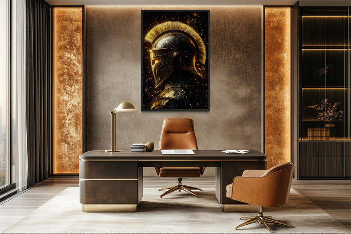 Spartan warrior helmet canvas print in dark gold and black, displayed in a modern office setting.