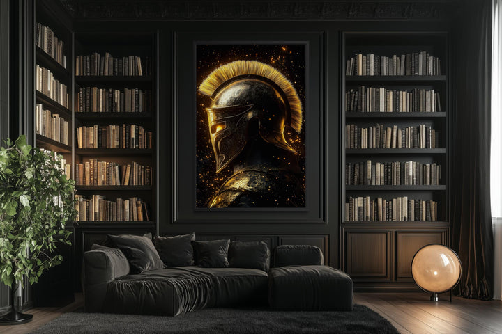 A vertical canvas print of a golden Spartan helmet hangs in a dark, modern library with black walls.