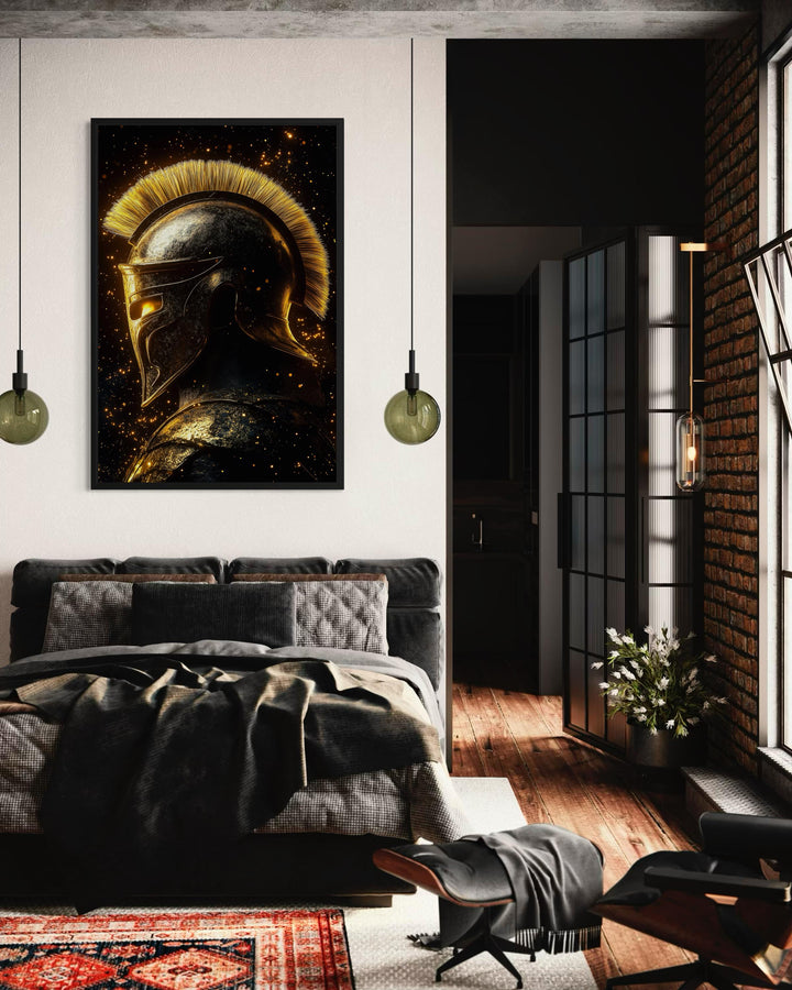 Spartan warrior helmet canvas print in dark gold and black hanging in a modern industrial bedroom.