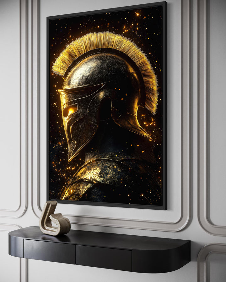 A framed canvas print of a golden Spartan warrior helmet against a dark, glowing background.