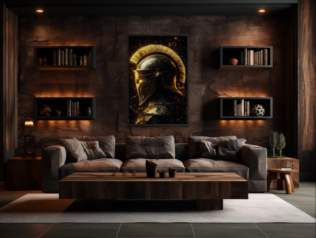 A vertical canvas print of a dark gold Spartan warrior helmet hangs in a modern, moody living room.