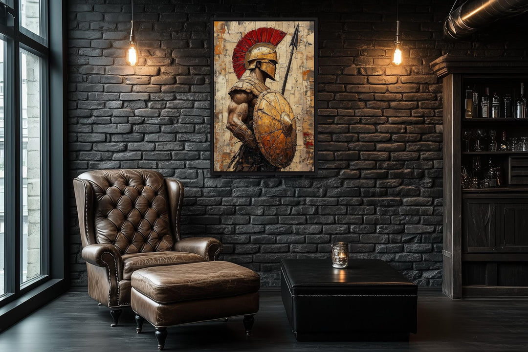 Spartan warrior canvas wall art with spear and shield on a black brick wall in a modern room.