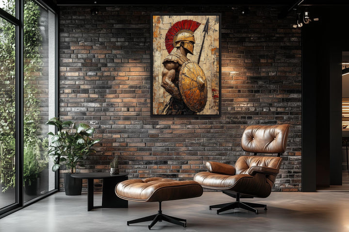 Spartan Warrior with Spear and Shield Canvas Wall Art on a brick wall in a modern living room.