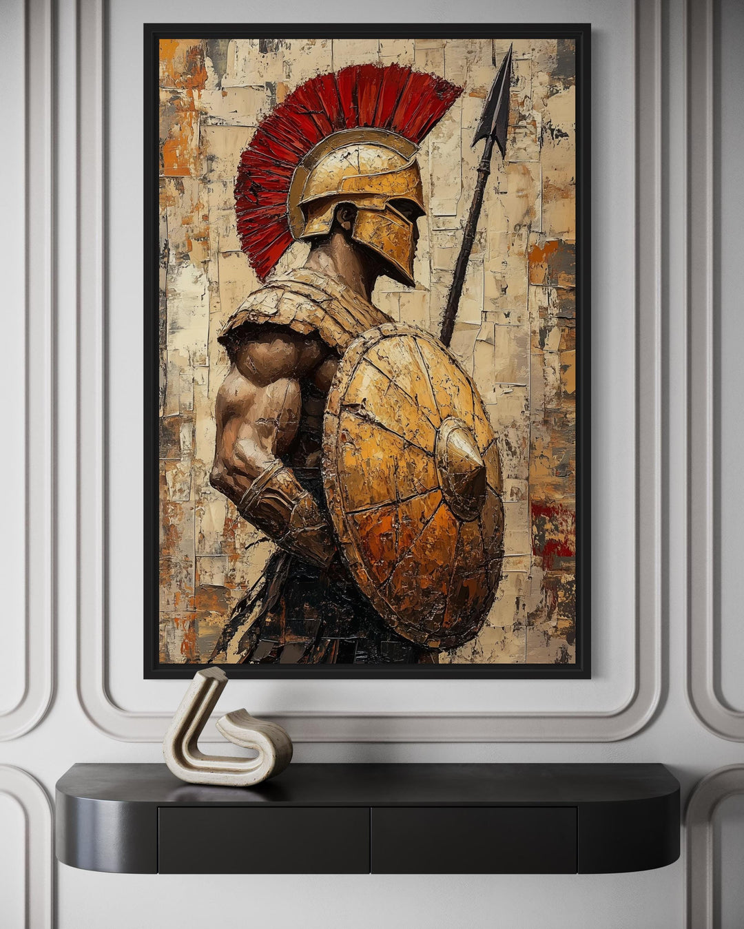 Spartan warrior canvas wall art with spear and shield in a textured, bronze and red oil painting.